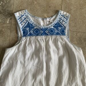 Lucky brand Womens L White Blue Embroidered Dress 100% Linen Beach Cottage Dress